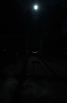 A dark playground at night, illuminated by faint moonlight