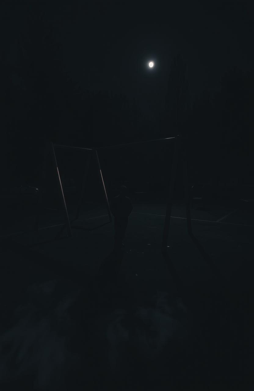 A dark playground at night, illuminated by faint moonlight