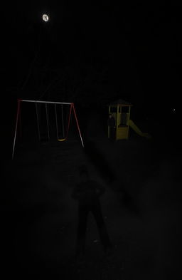 A dark playground at night, illuminated by faint moonlight