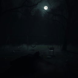 A dark playground at night, shrouded in an ominous atmosphere