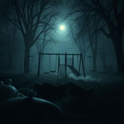 A dark playground at night, shrouded in an ominous atmosphere