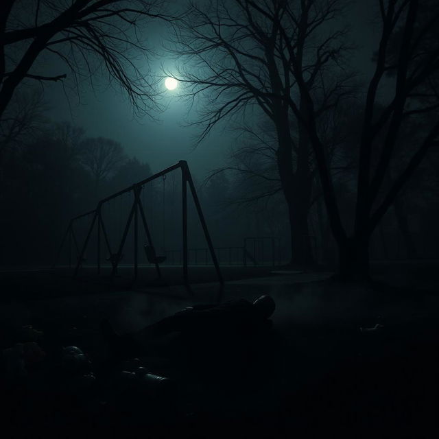 A dark playground at night, shrouded in an ominous atmosphere