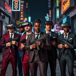 A dynamic scene set in a dark, cyberpunk city street, showcasing four Caucasian Mafia members in their 30s, each adorned in uniquely colored suits—rich burgundy, navy blue, charcoal grey, and classic black
