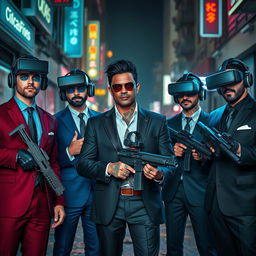 A dynamic scene set in a dark, cyberpunk city street, showcasing four Caucasian Mafia members in their 30s, each adorned in uniquely colored suits—rich burgundy, navy blue, charcoal grey, and classic black