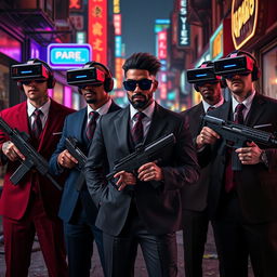 A dynamic scene set in a dark, cyberpunk city street, showcasing four Caucasian Mafia members in their 30s, each adorned in uniquely colored suits—rich burgundy, navy blue, charcoal grey, and classic black