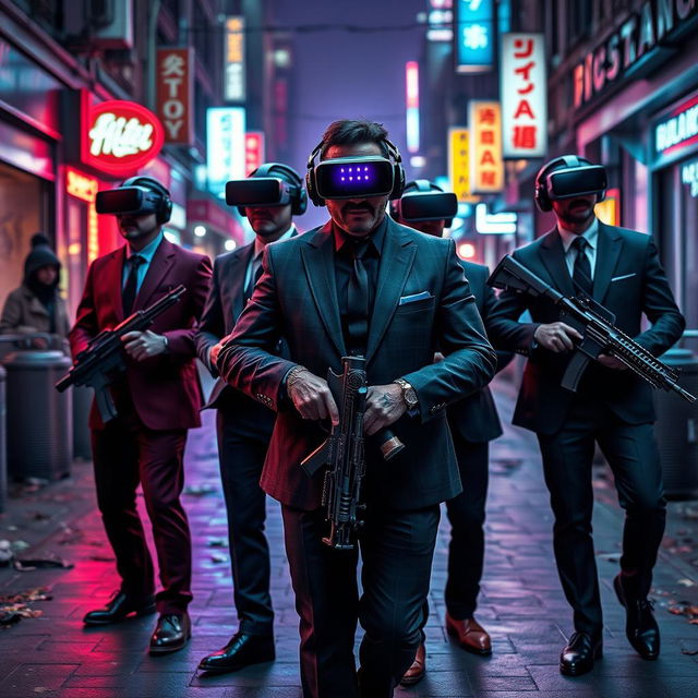 A dynamic scene set in a dark, cyberpunk city street, showcasing four Caucasian Mafia members in their 30s, each adorned in uniquely colored suits—rich burgundy, navy blue, charcoal grey, and classic black