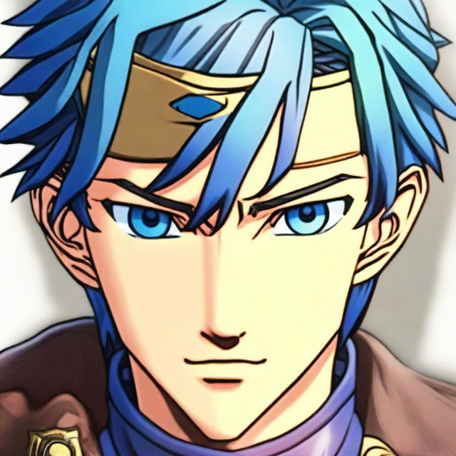 An up close and detailed portrait of Ike from Fire Emblem, showing his characteristic headband, blue hair, and determined gaze