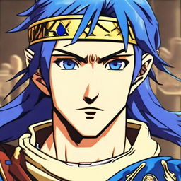 An up close and detailed portrait of Ike from Fire Emblem, showing his characteristic headband, blue hair, and determined gaze