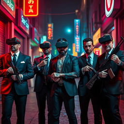 A vivid scene set in a dark, cyberpunk city street, featuring four Caucasian Mafia members in their 30s, each clad in distinctively colored suits—one in deep red, another in midnight blue, a third in charcoal grey, and the last in classic black