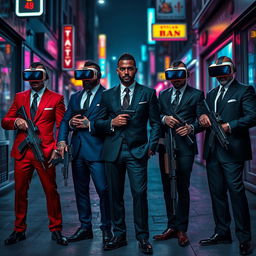 A vivid scene set in a dark, cyberpunk city street, featuring four Caucasian Mafia members in their 30s, each clad in distinctively colored suits—one in deep red, another in midnight blue, a third in charcoal grey, and the last in classic black