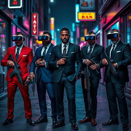 A vivid scene set in a dark, cyberpunk city street, featuring four Caucasian Mafia members in their 30s, each clad in distinctively colored suits—one in deep red, another in midnight blue, a third in charcoal grey, and the last in classic black