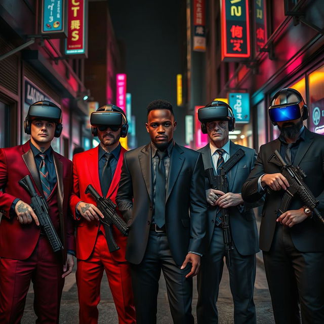 A vivid scene set in a dark, cyberpunk city street, featuring four Caucasian Mafia members in their 30s, each clad in distinctively colored suits—one in deep red, another in midnight blue, a third in charcoal grey, and the last in classic black