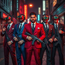 A vivid scene set in a dark, cyberpunk city street, featuring four Caucasian Mafia members in their 30s, each clad in distinctively colored suits—one in deep red, another in midnight blue, a third in charcoal grey, and the last in classic black