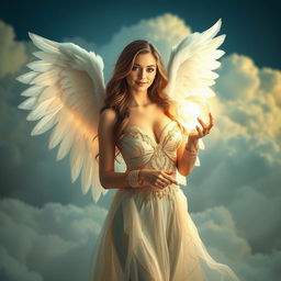 A captivating and alluring angel with beautiful wings, dressed in an ethereal and enchanting outfit that combines elegance and seduction