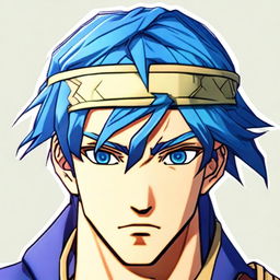 An up close and detailed portrait of Ike from Fire Emblem, showing his characteristic headband, blue hair, and determined gaze