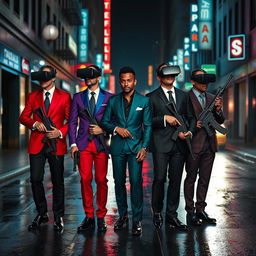 A dramatic scene set in a dark, cyberpunk city street featuring four Caucasian Mafia members in their 30s, each dressed in uniquely colored suits: vibrant red, royal blue, deep green, and sleek black