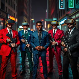 A dramatic scene set in a dark, cyberpunk city street featuring four Caucasian Mafia members in their 30s, each dressed in uniquely colored suits: vibrant red, royal blue, deep green, and sleek black