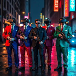 A dramatic scene set in a dark, cyberpunk city street featuring four Caucasian Mafia members in their 30s, each dressed in uniquely colored suits: vibrant red, royal blue, deep green, and sleek black