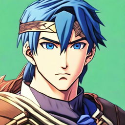 An up close and detailed portrait of Ike from Fire Emblem, showing his characteristic headband, blue hair, and determined gaze