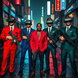 A dramatic scene set in a dark, cyberpunk city street featuring four Caucasian Mafia members in their 30s, each dressed in uniquely colored suits: vibrant red, royal blue, deep green, and sleek black