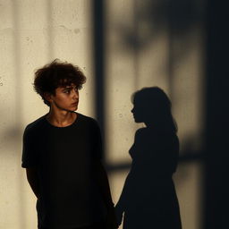 Shadows of a 19-year-old brother with messy curly light skin hair and his 18-year-old white sister, cast against a textured concrete wall during a rain shower