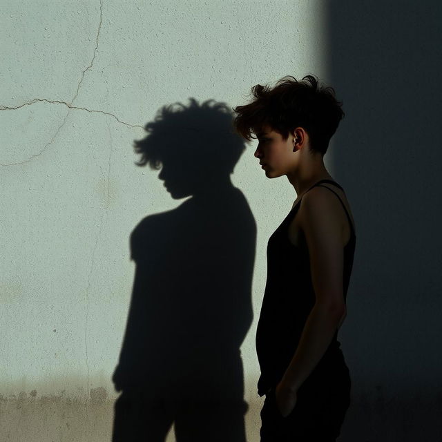 Shadows of a 19-year-old brother with messy curly light skin hair and his 18-year-old white sister, cast against a textured concrete wall during a rain shower