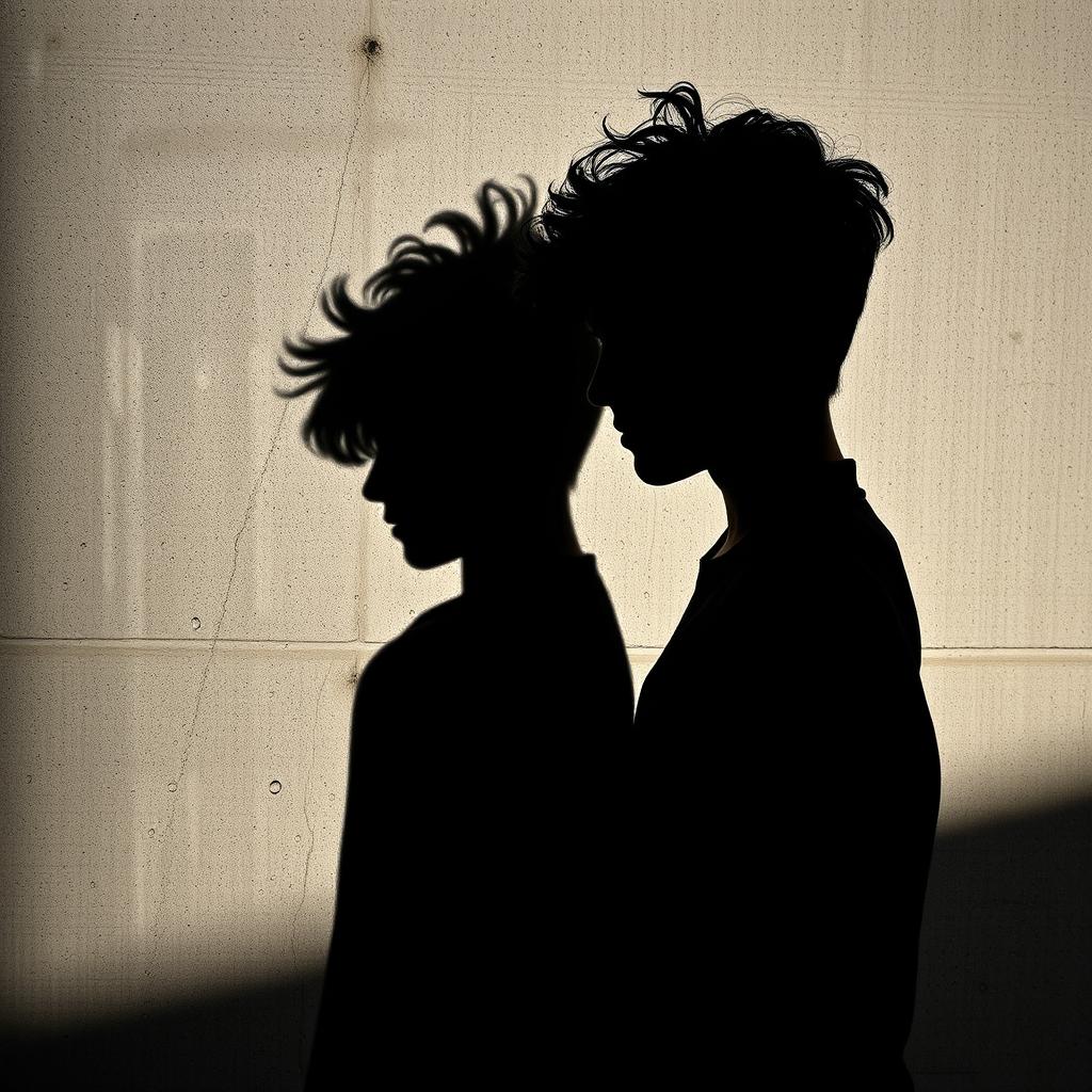 Shadows of a 19-year-old brother with messy curly light skin hair and his 18-year-old white sister, cast against a textured concrete wall during a rain shower