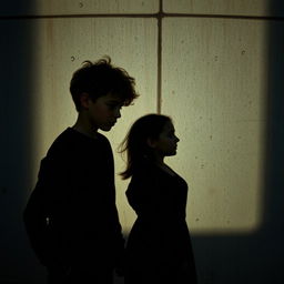Shadows of a 19-year-old brother with messy curly light skin hair and his 18-year-old white sister, cast against a textured concrete wall during a rain shower