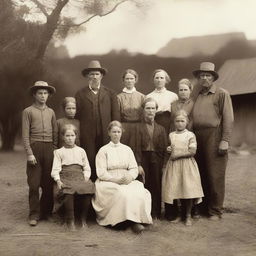 A sepia-toned photograph of a large family of farmers from the 1800s posed on their rural property.