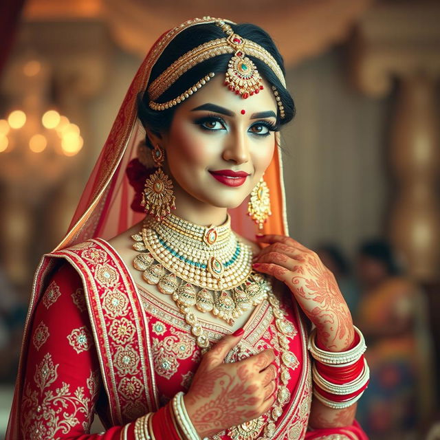 A stunning Indian bride adorned in intricate traditional jewelry