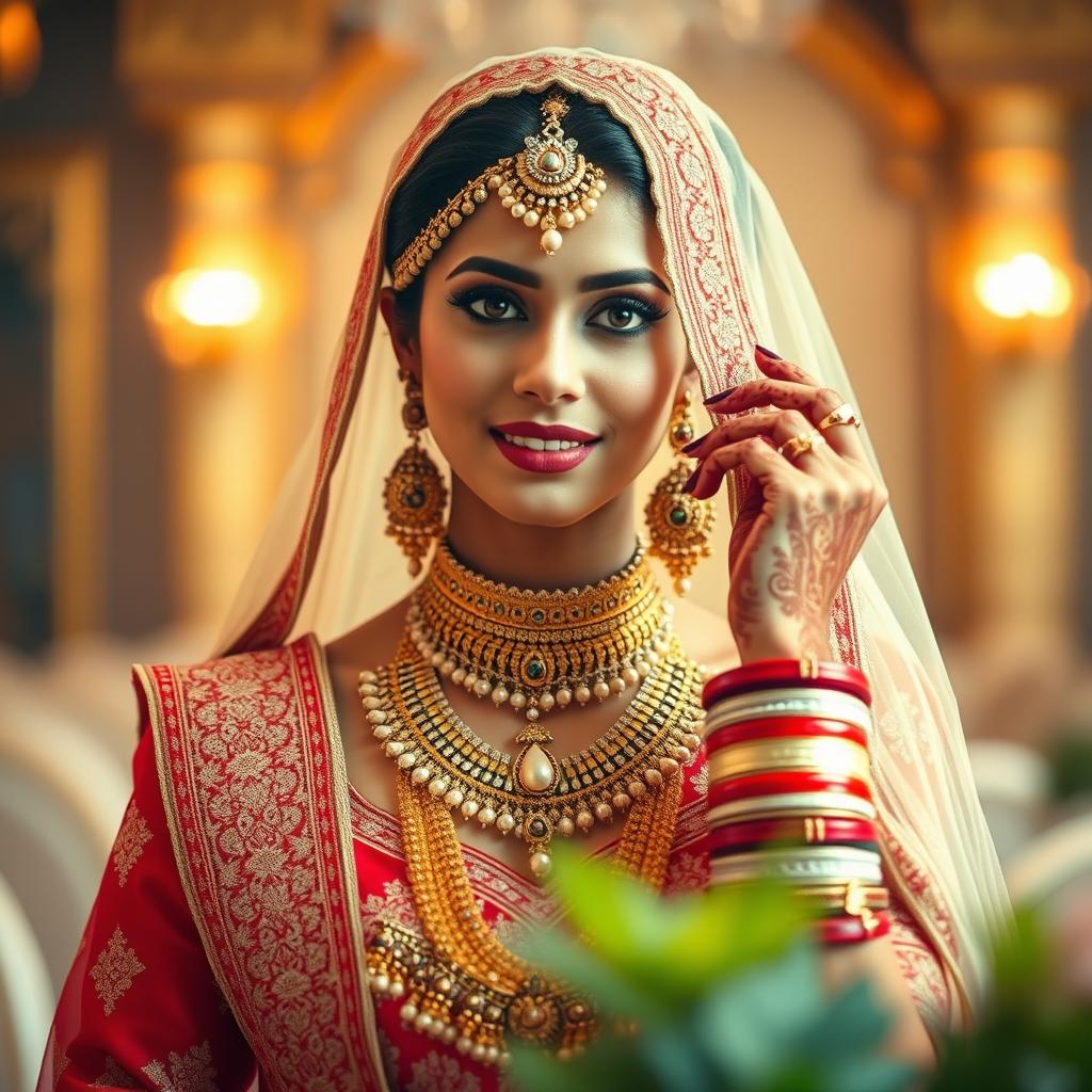 A stunning Indian bride adorned in intricate traditional jewelry