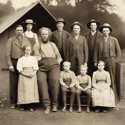 A sepia-toned photograph of a large family of farmers from the 1800s posed on their rural property.