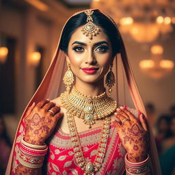 A stunning Indian bride adorned in intricate traditional jewelry