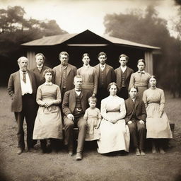 A sepia-toned photograph of a large family of farmers from the 1800s posed on their rural property.