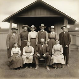 A sepia-toned photograph of a large family of farmers from the 1800s posed on their rural property.