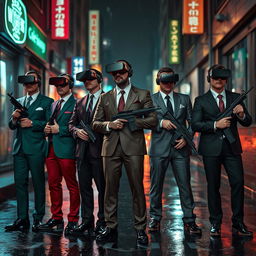 A captivating scene set in a dimly lit, dark urban street in a cyberpunk environment, featuring four Caucasian Mafia members in their 30s standing confidently