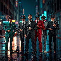 A captivating scene set in a dimly lit, dark urban street in a cyberpunk environment, featuring four Caucasian Mafia members in their 30s standing confidently