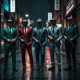 A captivating scene set in a dimly lit, dark urban street in a cyberpunk environment, featuring four Caucasian Mafia members in their 30s standing confidently