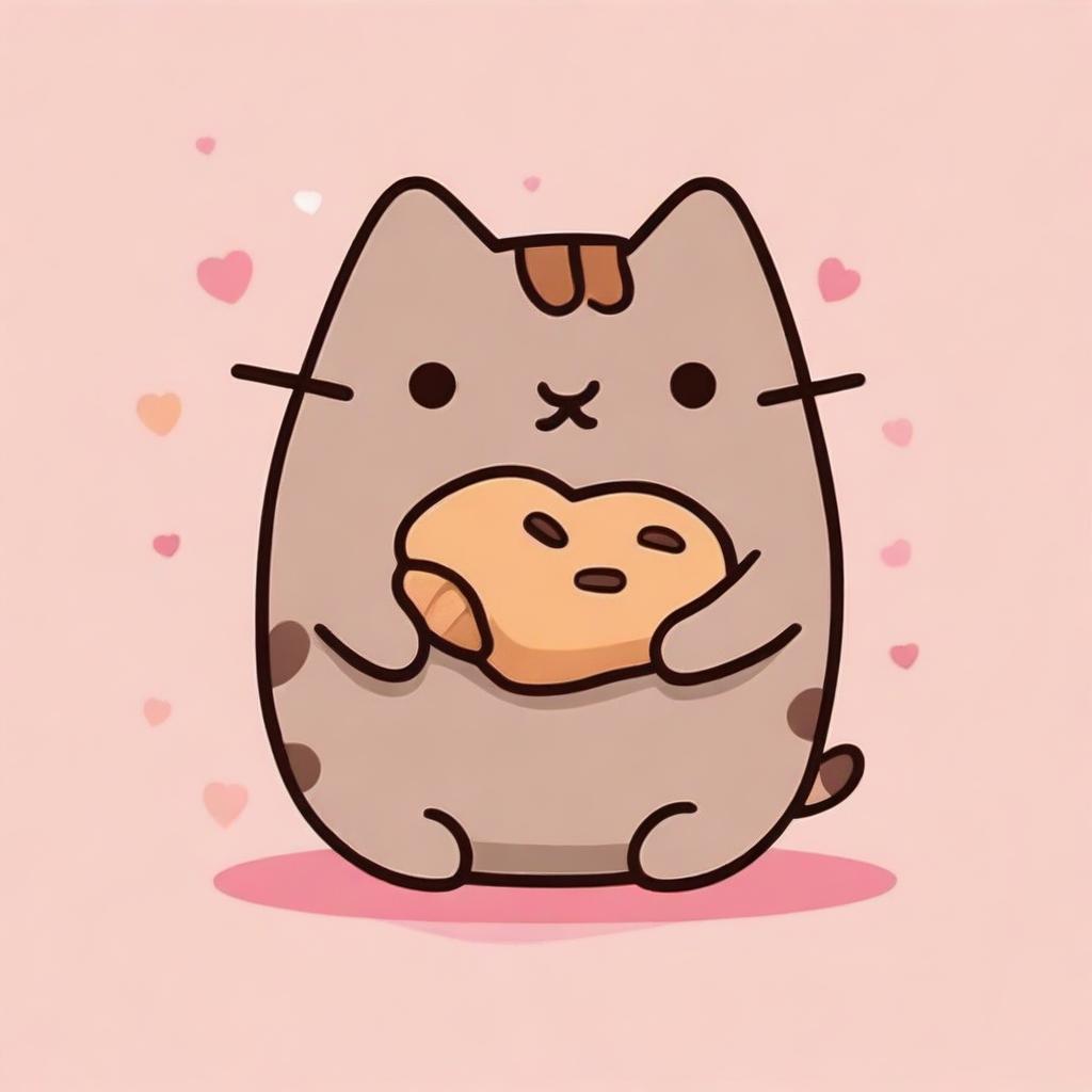 Cute Pusheen cat munching on a delightfully flaky croissant.