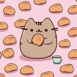 Cute Pusheen cat munching on a delightfully flaky croissant.