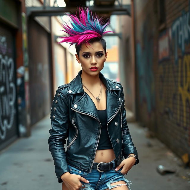 A punk girl with vibrant colored hair styled in a mohawk, wearing a studded leather jacket and ripped denim shorts, standing confidently in an urban setting