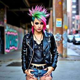 A punk girl with vibrant colored hair styled in a mohawk, wearing a studded leather jacket and ripped denim shorts, standing confidently in an urban setting