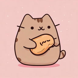 Cute Pusheen cat munching on a delightfully flaky croissant.