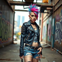 A punk girl with vibrant colored hair styled in a mohawk, wearing a studded leather jacket and ripped denim shorts, standing confidently in an urban setting