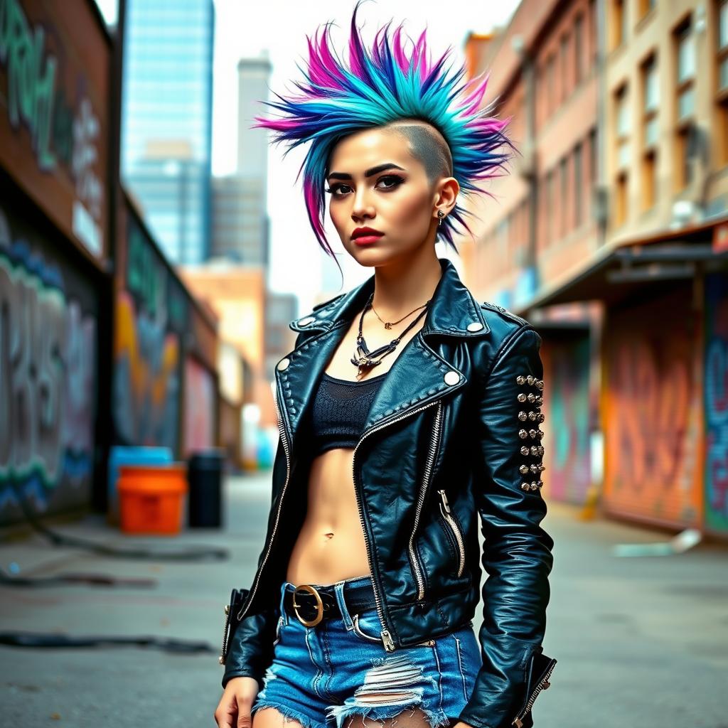 A punk girl with vibrant colored hair styled in a mohawk, wearing a studded leather jacket and ripped denim shorts, standing confidently in an urban setting