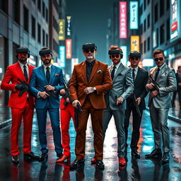 An intense scene showcasing four Caucasian Mafia members in their 30s confidently standing in a dark, cyberpunk city street