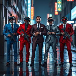 An intense scene showcasing four Caucasian Mafia members in their 30s confidently standing in a dark, cyberpunk city street