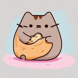 Cute Pusheen cat munching on a delightfully flaky croissant.