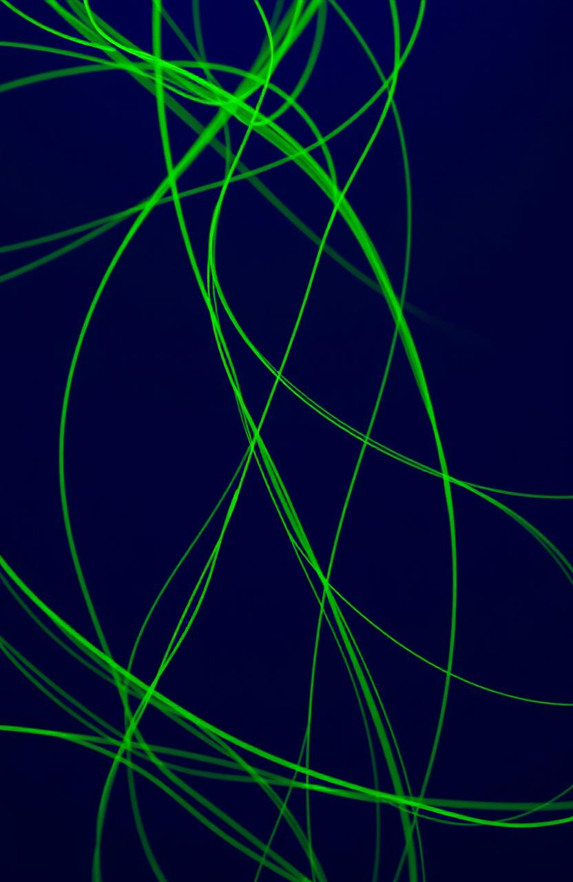 A visually striking abstract composition featuring a dark shade of blue as the main background color, with vibrant green strings artistically woven throughout the image