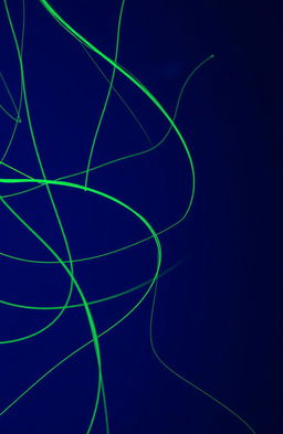 A visually striking abstract composition featuring a dark shade of blue as the main background color, with vibrant green strings artistically woven throughout the image